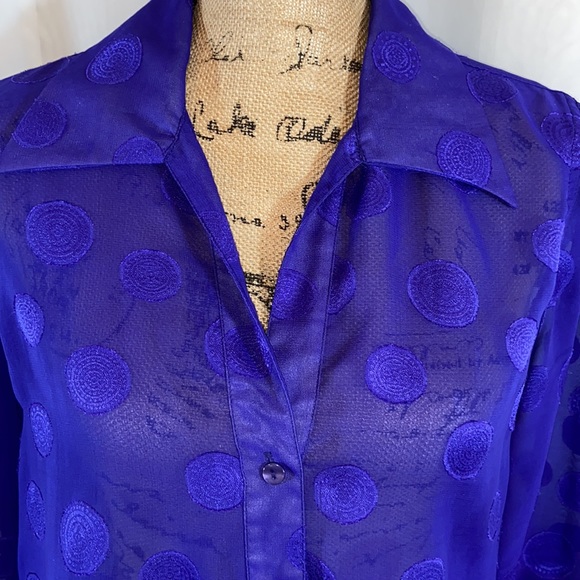 Dana Gibson Sheer Retro Blue Polka Dot Button Down Top M - Picture 4 of 12